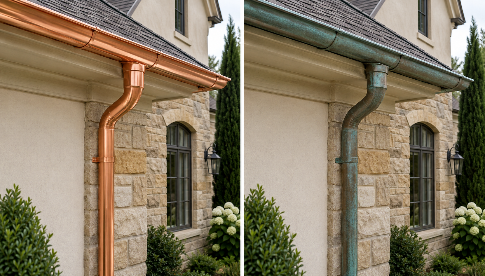 Side-by-side comparison of preserved bright copper gutters and naturally weathered copper gutters with blue-green patina on the same luxury home
