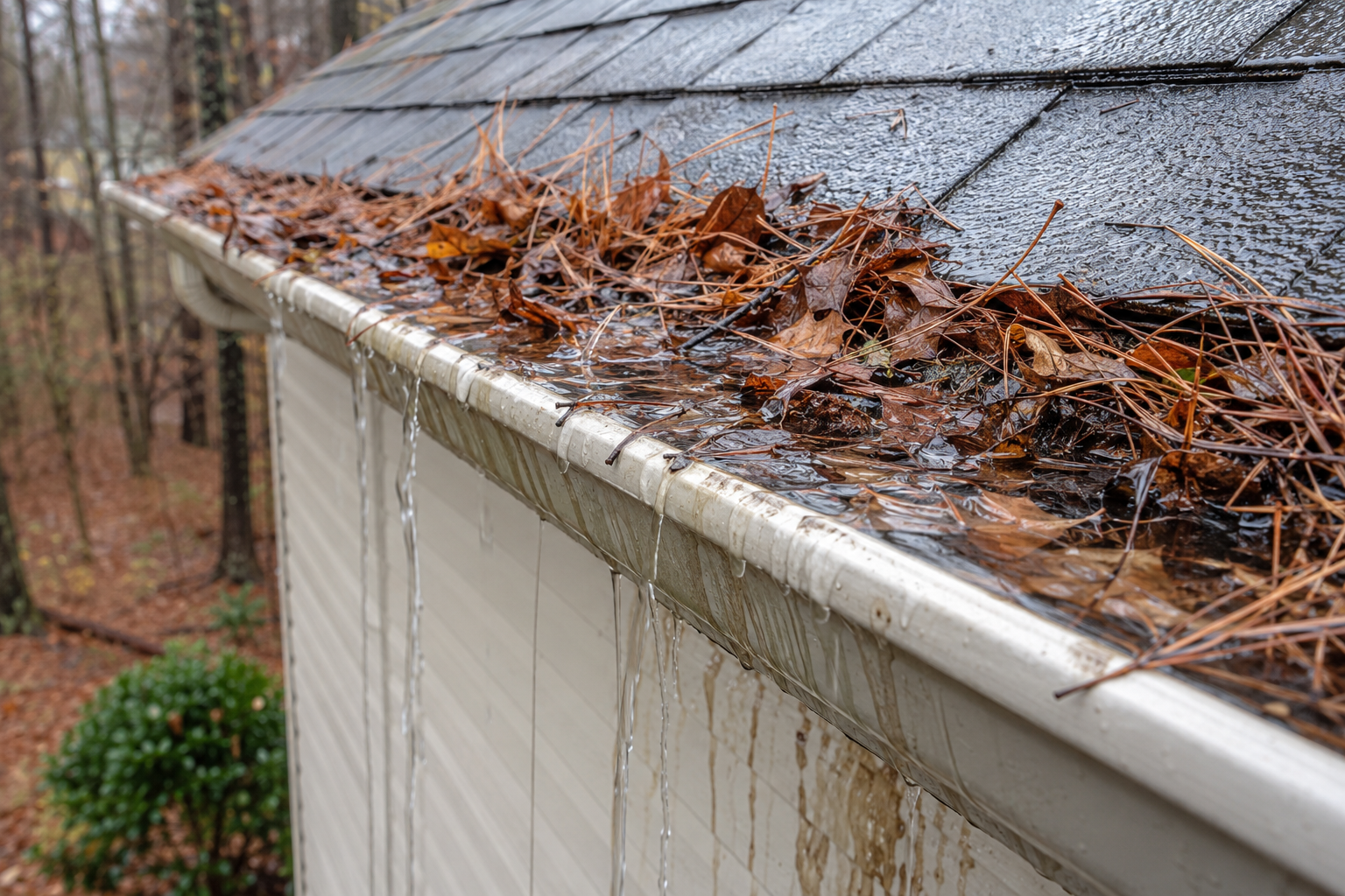 Wet leaves and pine needles clogging a gutter as rainwater spills over its front edge