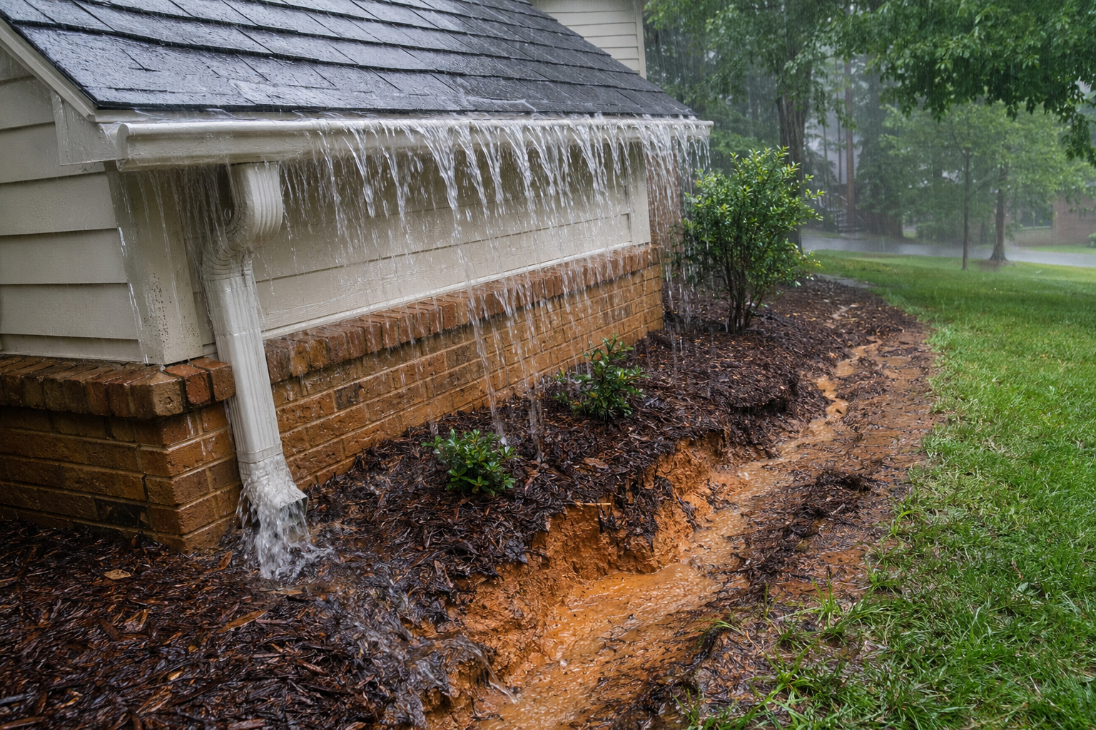 Heavy roof runoff overwhelming a gutter and washing mulch away beside a house foundation