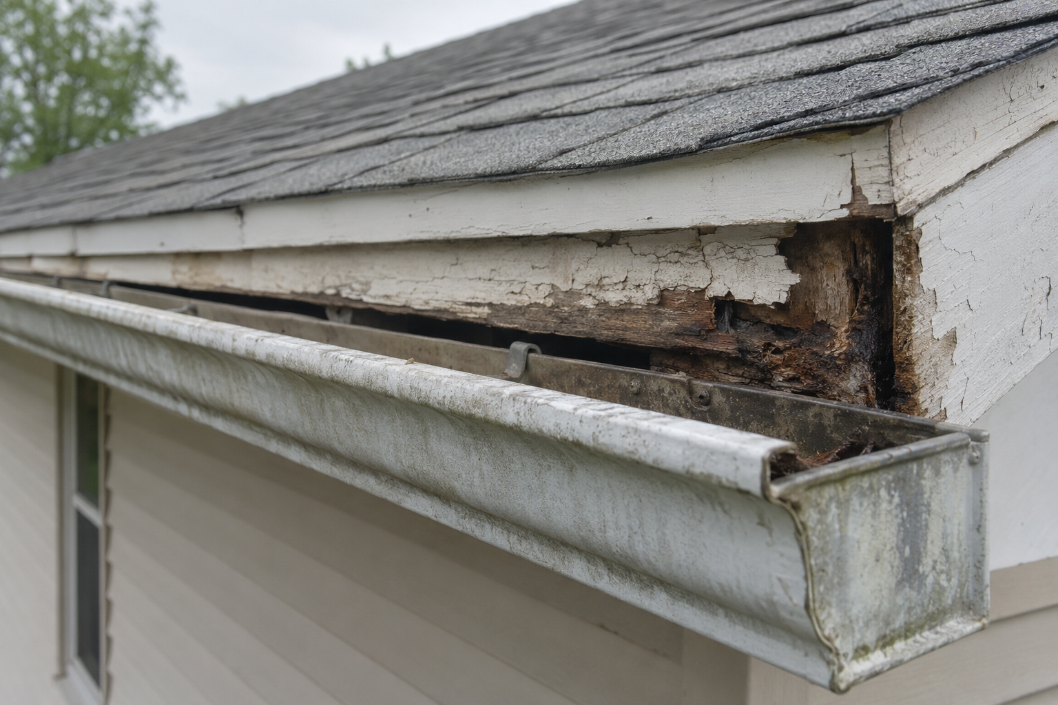 Loose gutter with water staining and deteriorated wood fascia at the roof edge