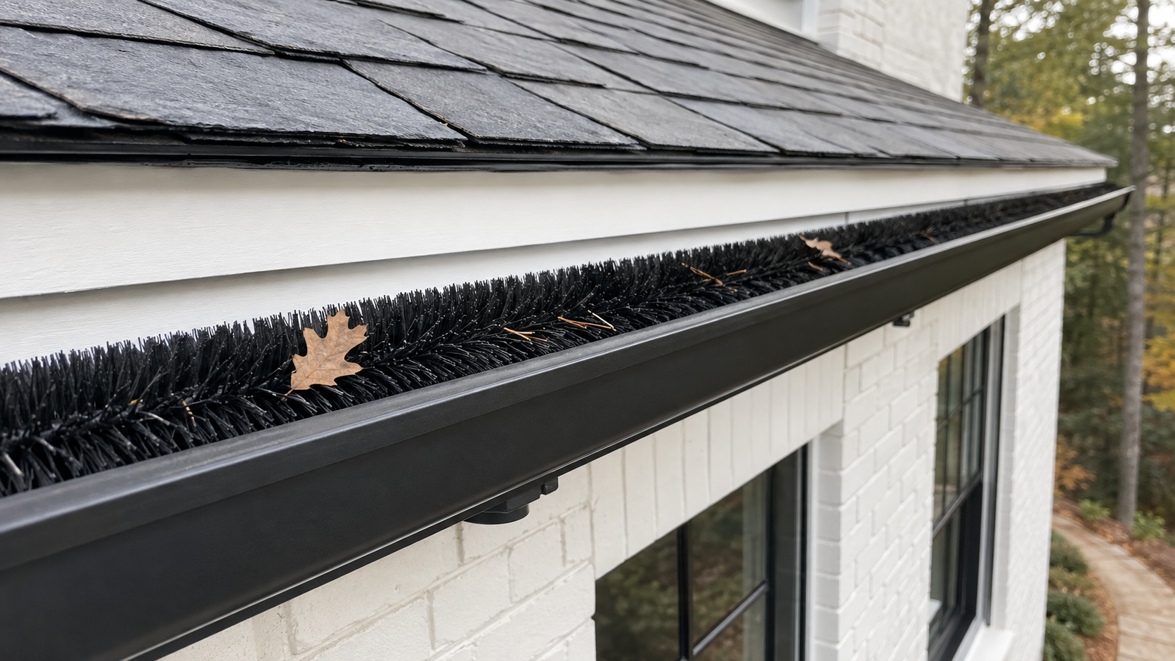Close view of a cylindrical bristle gutter insert seated inside a black gutter beneath light leaf debris
