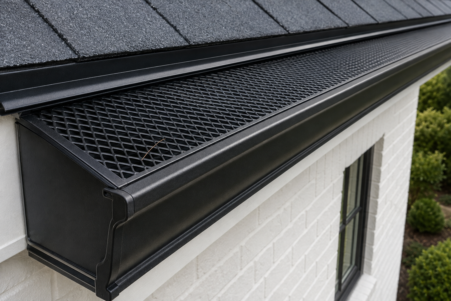 Close view of an expanded diamond-pattern metal gutter screen with a few pine needles caught in the openings