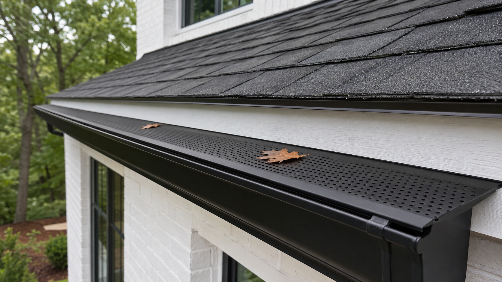 Close view of a black perforated aluminum gutter guard with broad leaves resting on its small openings