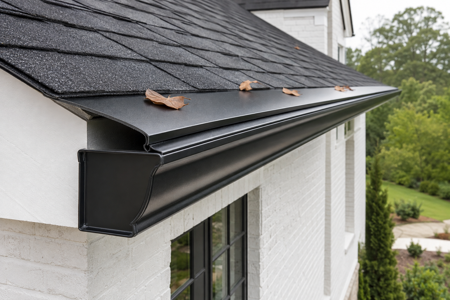 Close side view of a solid surface-tension gutter cover with a curved nose and narrow water intake slot