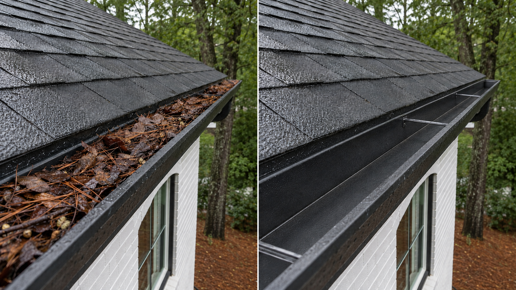 Side-by-side view of the same black gutter before and after packed leaves and organic debris are removed