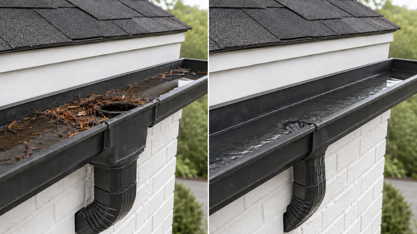 Weathered gutter outlet before and after pine needles and debris are cleared