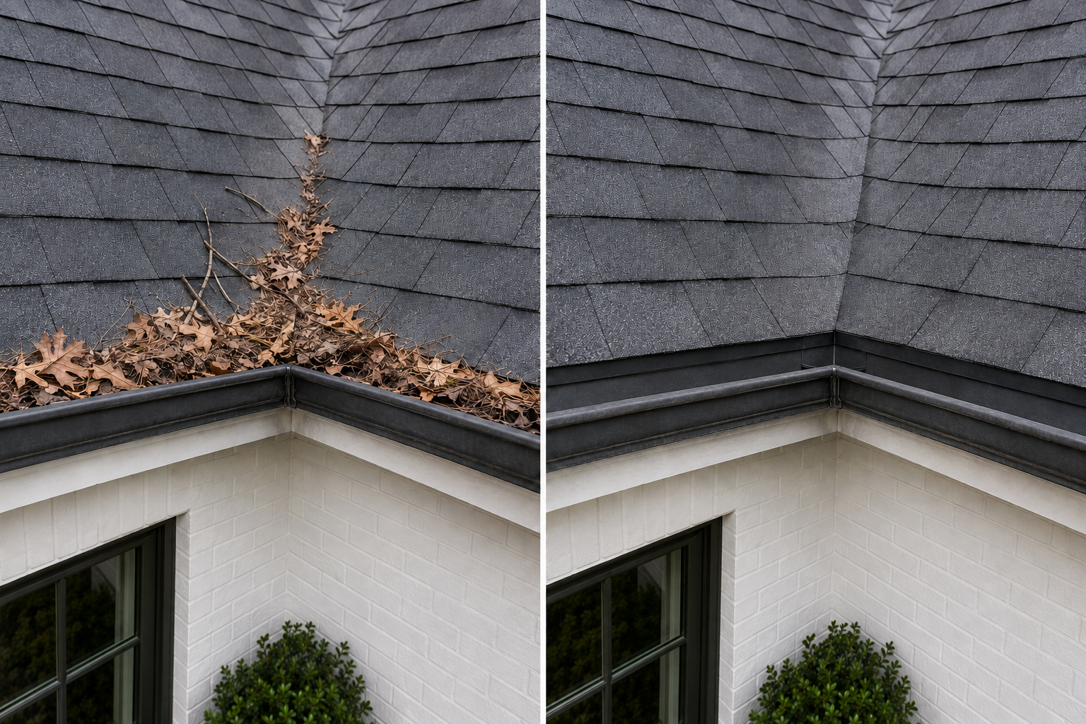 Side-by-side view of the same inside gutter corner below a roof valley before and after debris removal