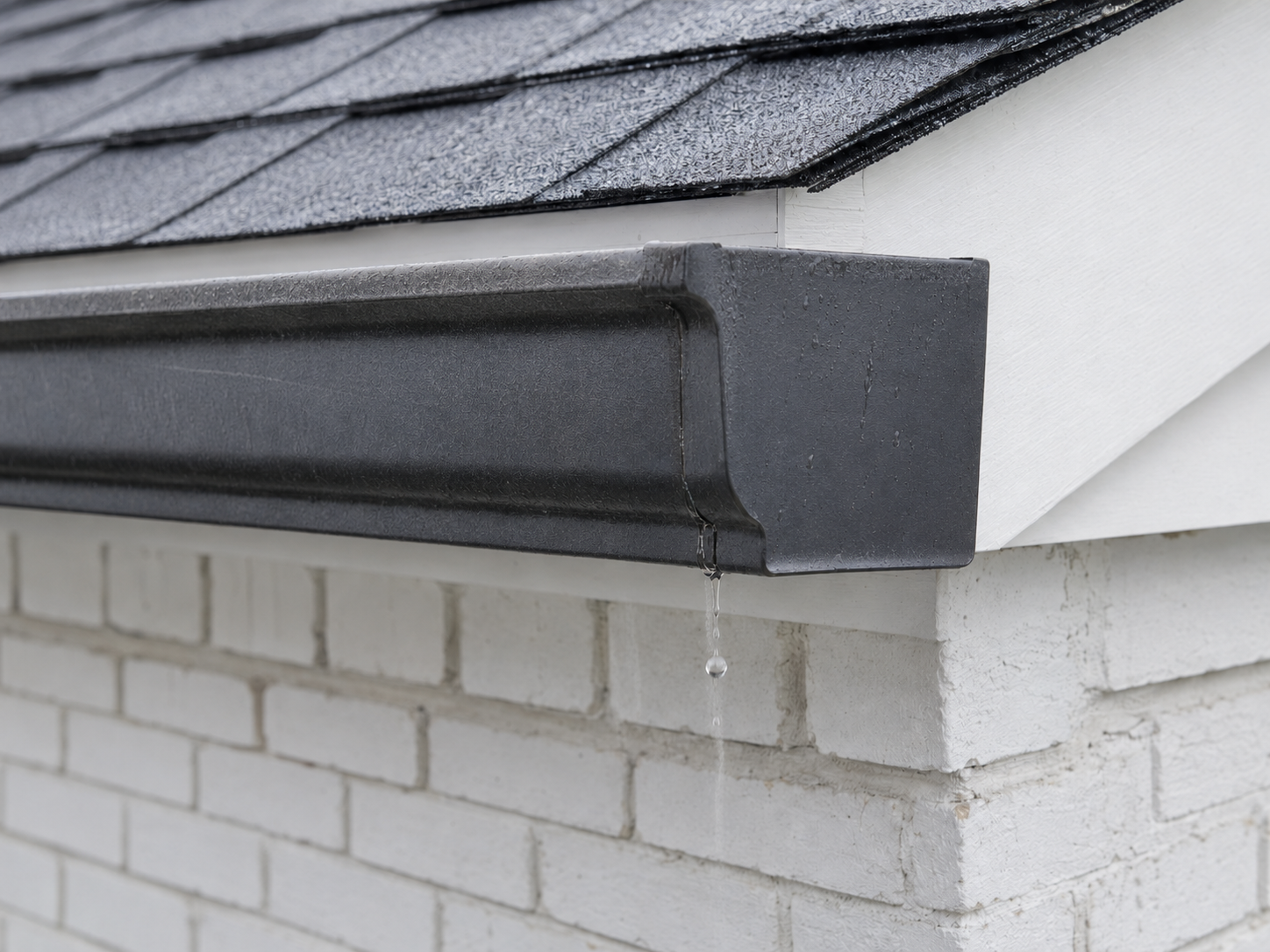Active drip escaping from a clean black gutter seam after rainfall