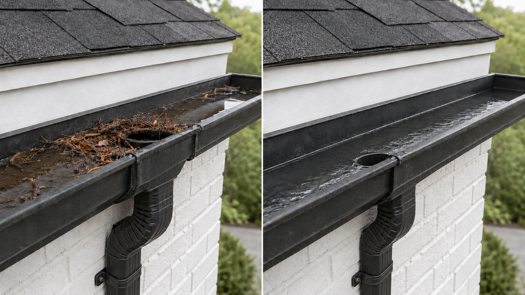 Side-by-side view of the same exterior-mounted downspout outlet before and after sticks, pine needles and roof grit are cleared