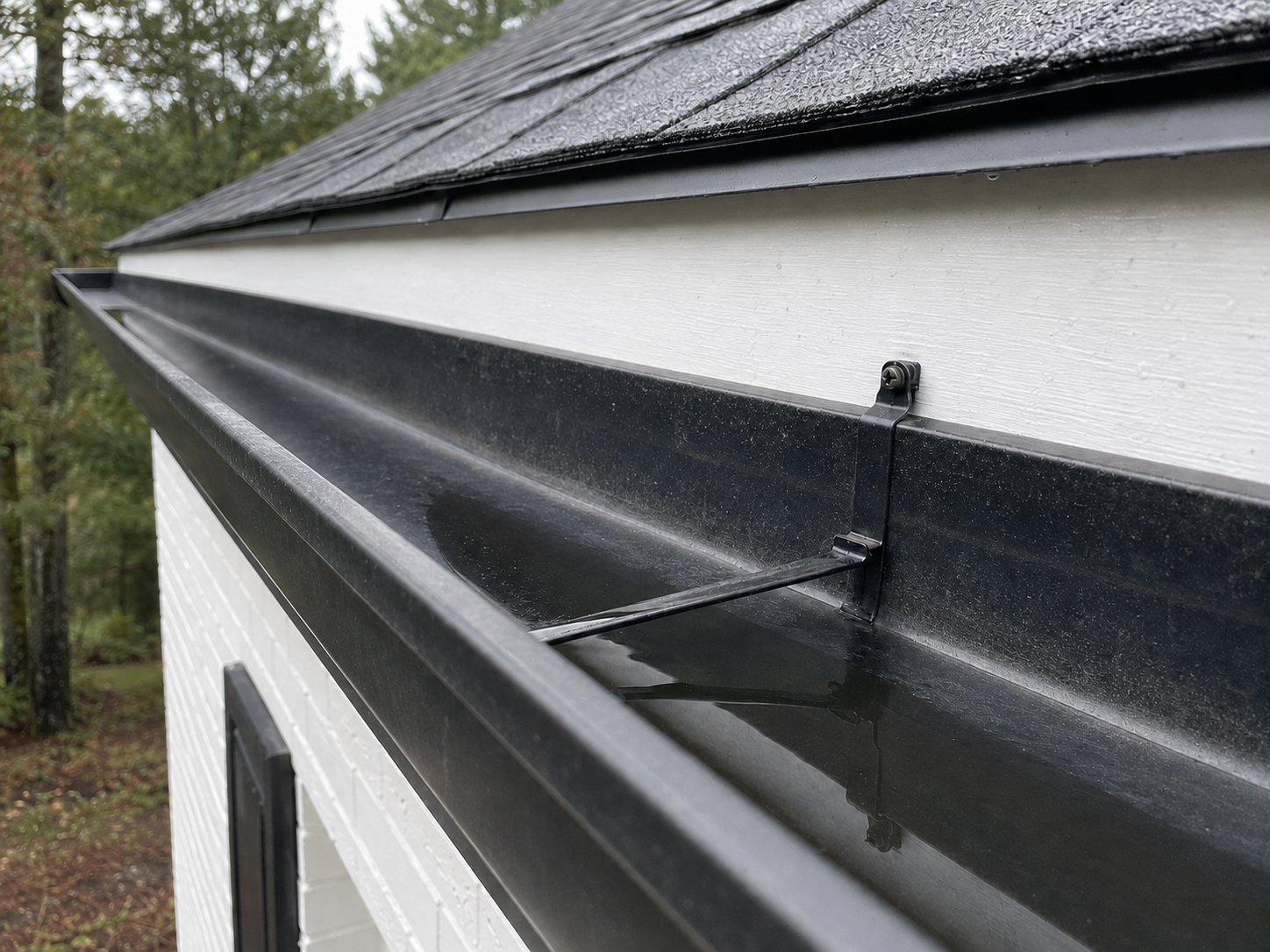Shallow standing water remaining inside a clean black gutter after debris has been removed