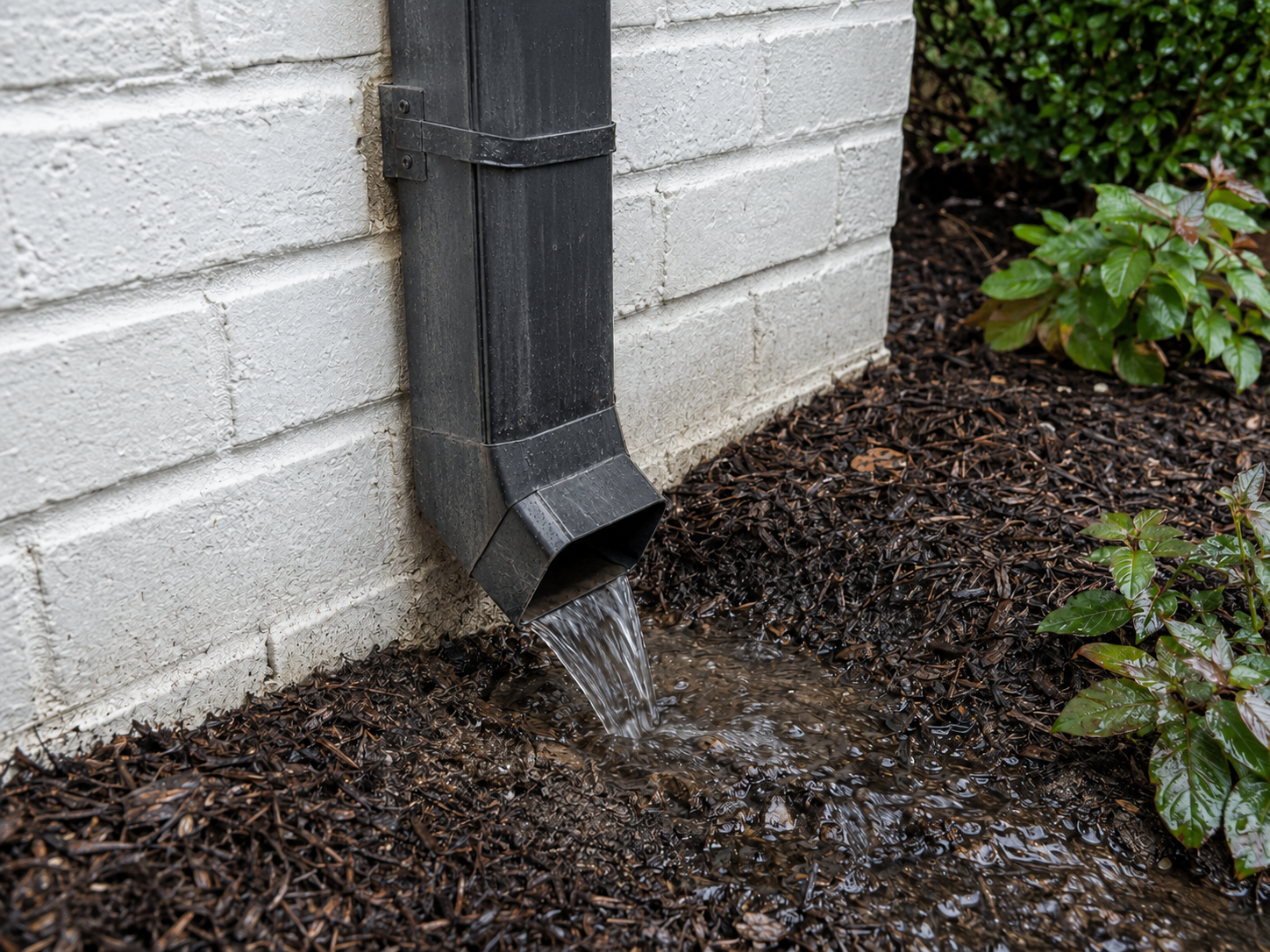 Downspout releasing water directly beside a white brick foundation without an extension