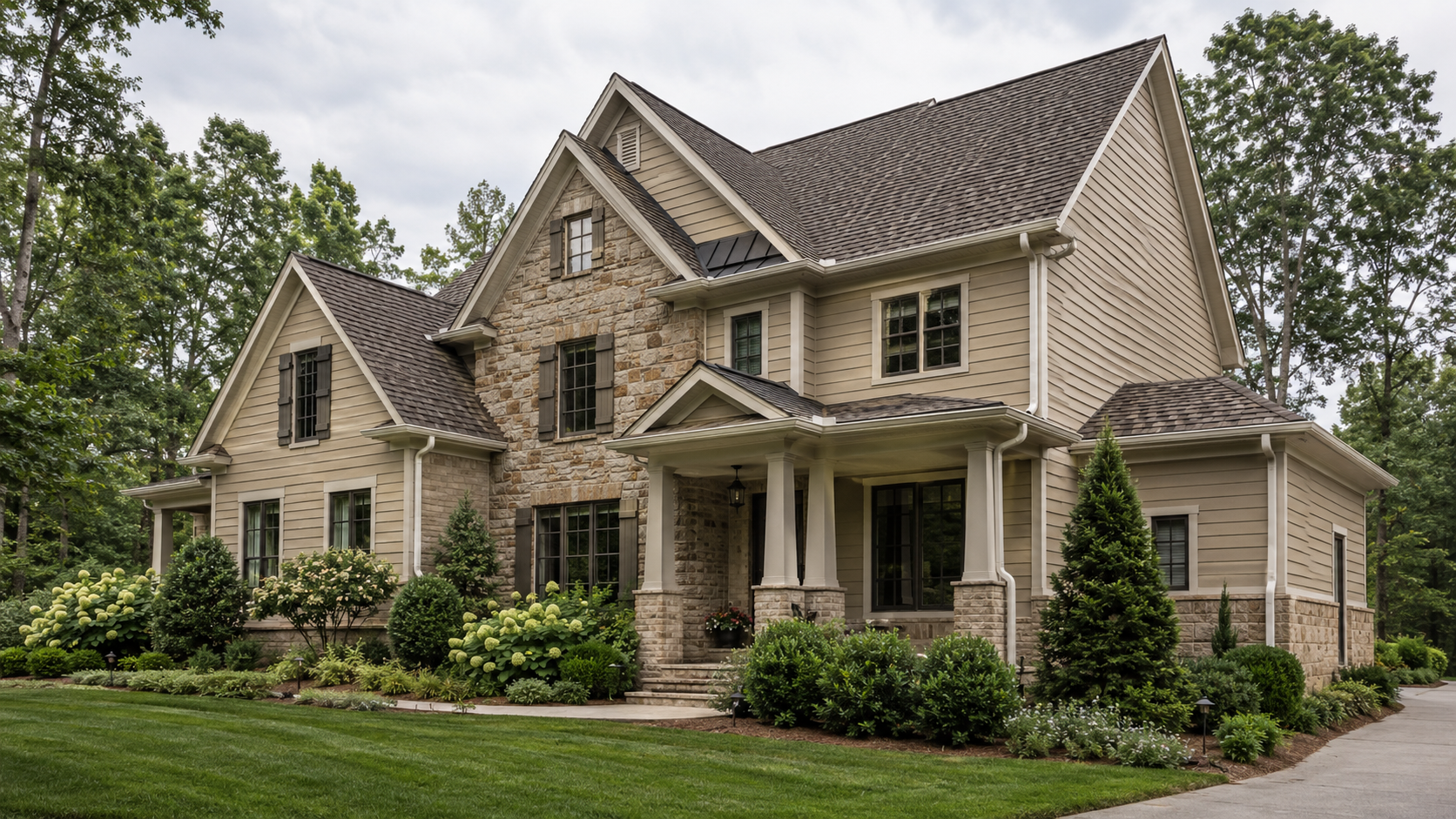Warm tan home with almond gutters that blend into fascia and corner trim