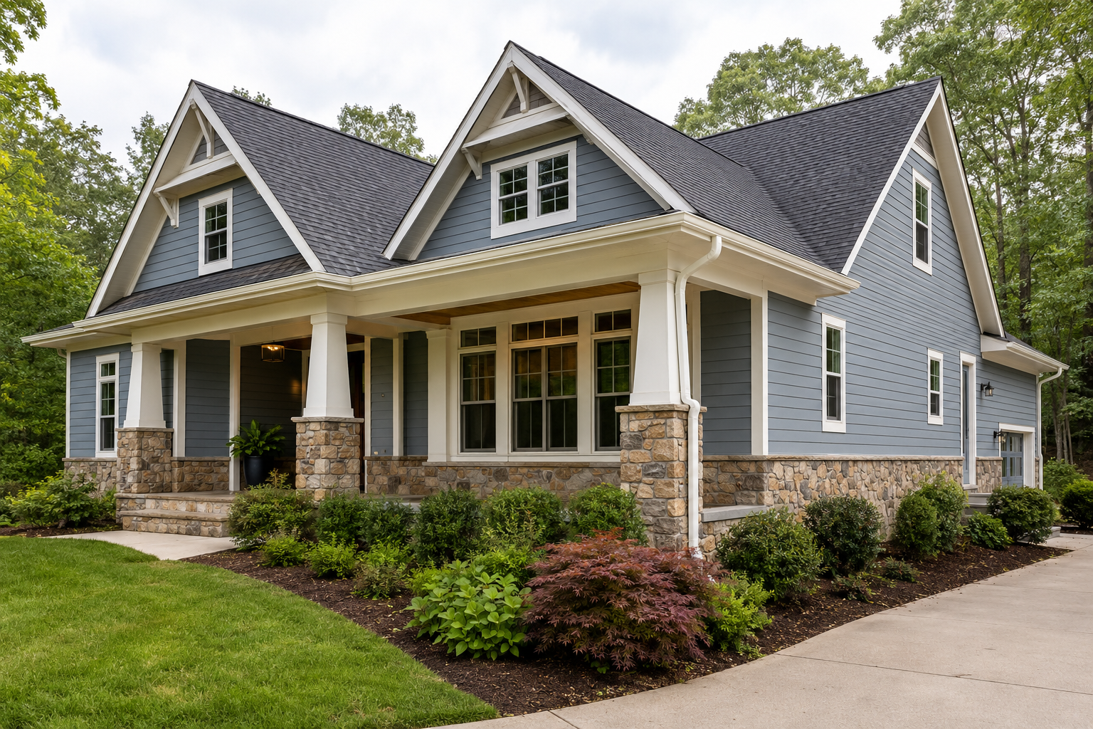 Blue-gray Craftsman home with white gutters blending into white fascia and trim
