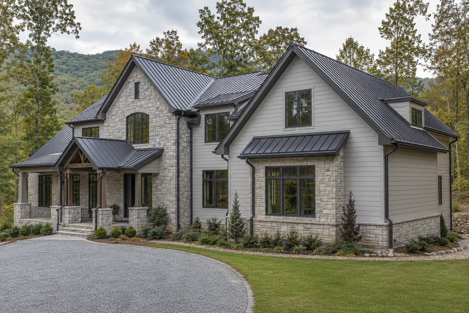 Light gray contemporary home with charcoal gutters and coordinated windows