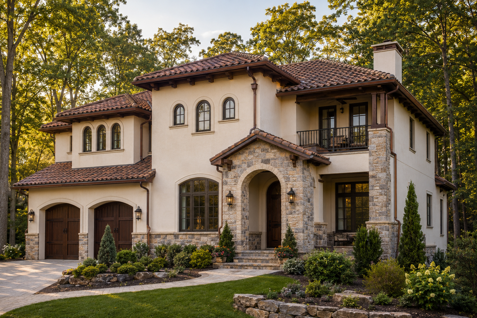 Mediterranean-inspired stucco home with clay brown gutters coordinated to tile roof