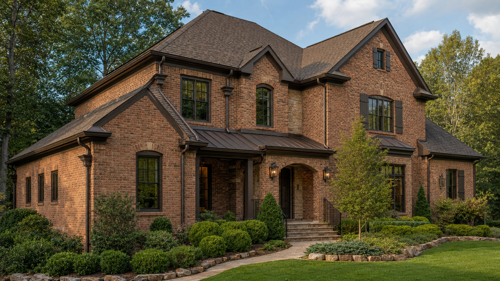 Upscale warm brick home with dark bronze gutters and downspouts