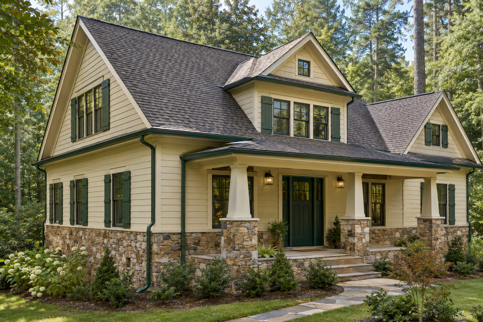 Cream Craftsman house with forest green gutters, downspouts and shutters